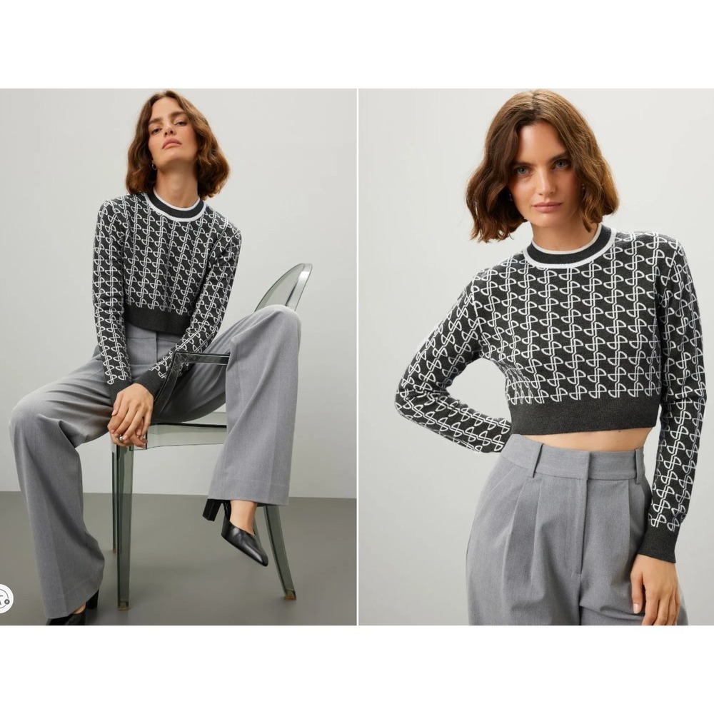 Patou Cropped‎ Sweater Merino Wool Gray White Geometric